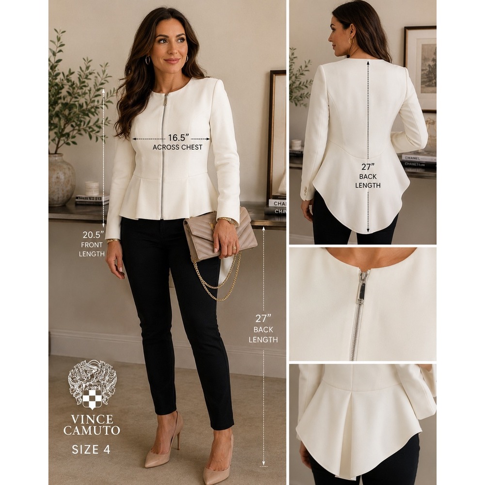 Vince Camuto Ivory Peplum Jacket Size 4 High Low Tail Hem Zip Front Blazer